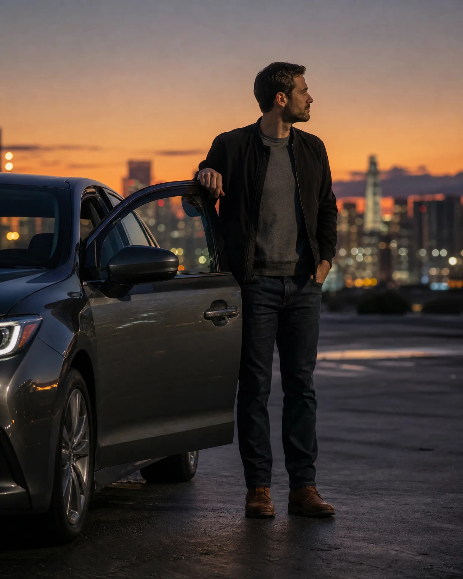 A man in a dark jacket and jeans stands beside an open car door on pavement at dusk, with a blurred city skyline and orange sky behind him.