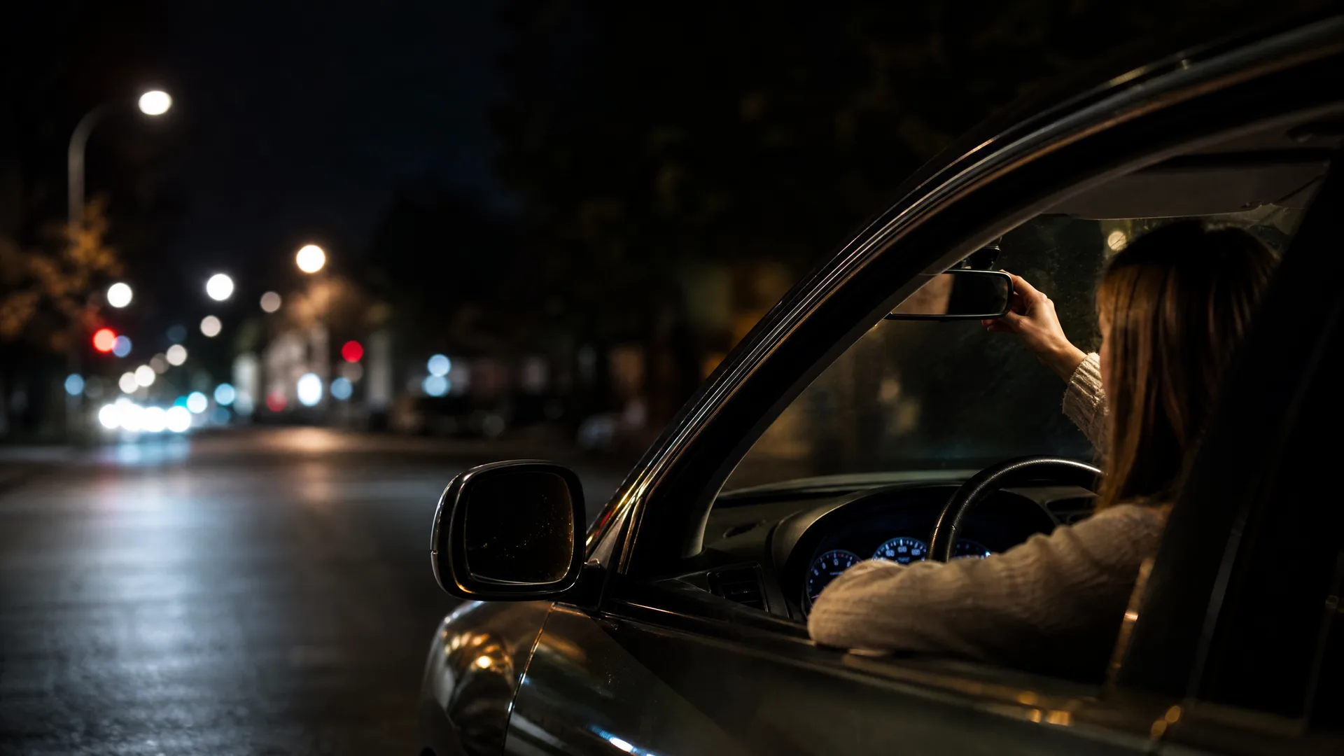 A woman in a light knit sweater sits in the driver's seat of a car at night, one hand on the steering wheel and the other reaching toward the rearview mirror, with a dark street and blurred lights outside the open window.