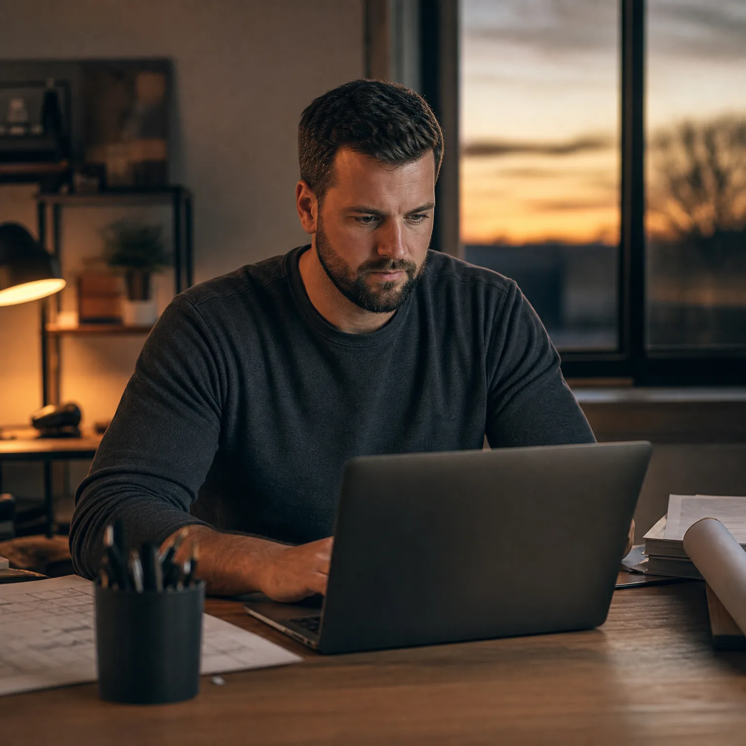A bearded man in a dark long-sleeved shirt sits at a wooden desk using a laptop, with a pen cup, papers, a shelf with a lamp and plant behind him, and a window showing a sunset sky.