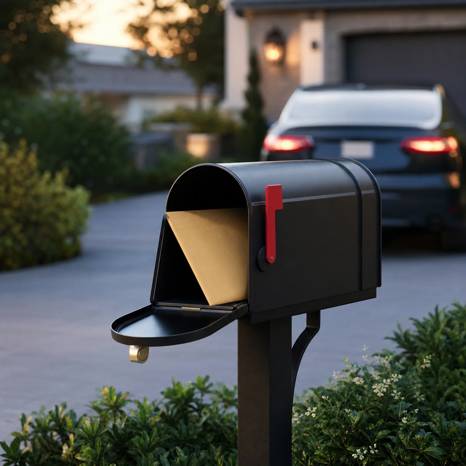 An open black post-mounted mailbox with a raised red flag holds a tan envelope, with a blurred driveway, parked car and house behind it.