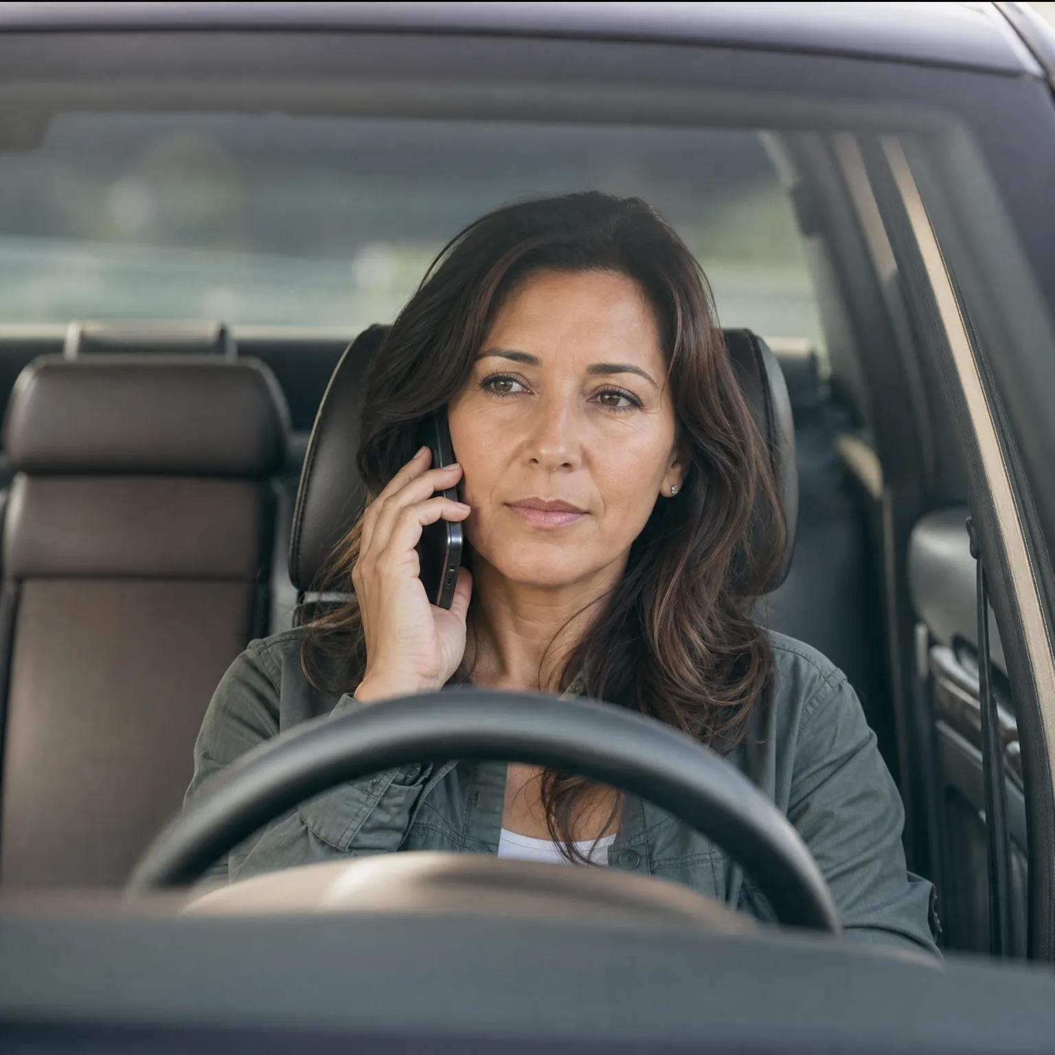 A woman with long dark hair sits in the driver's seat of a car, holding a mobile phone to her ear behind the steering wheel, seen through the side window.