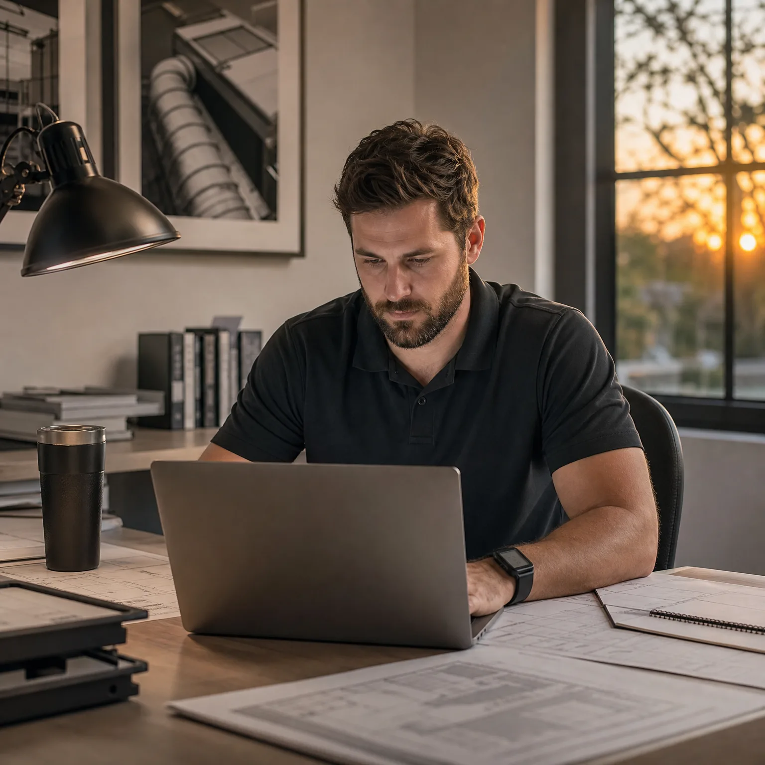 A bearded man in a dark polo shirt works at a laptop on a wooden desk with a coffee tumbler, notebook and printed drawings, beside a window showing a sunset.