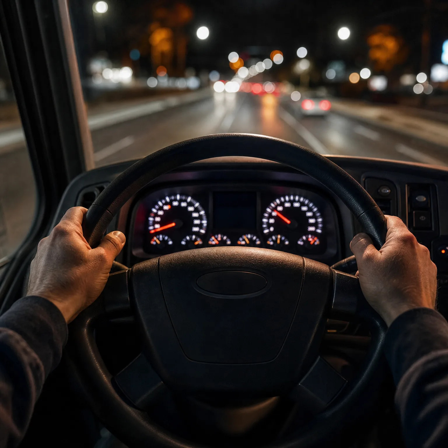 Driver's-eye view from inside a vehicle at night, with two hands gripping the steering wheel, illuminated gauges behind it, and a road with blurred lights ahead through the windshield.