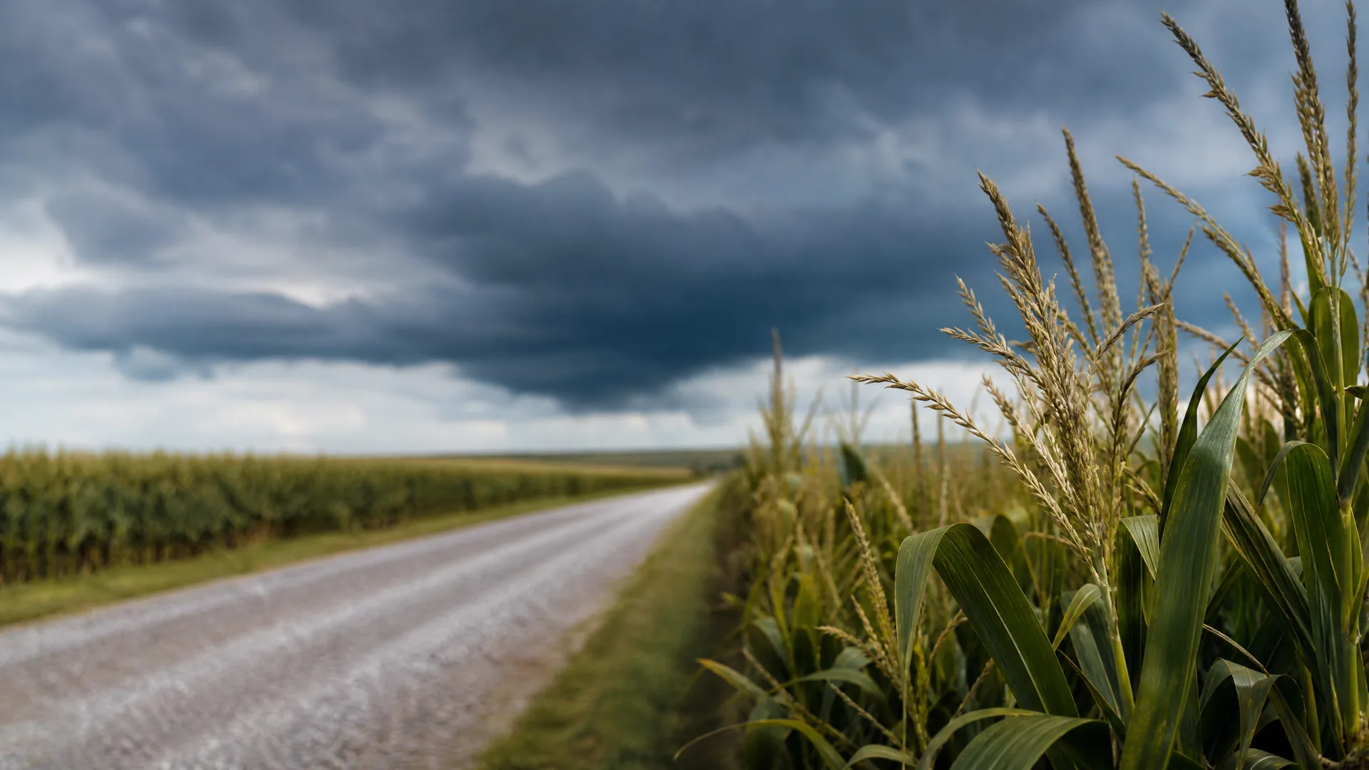 A gravel road runs between fields of tasseled corn under dark overcast storm clouds, with the nearest corn stalks in sharp focus on the right.
