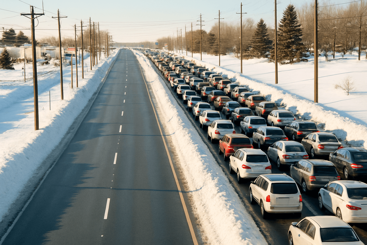 Heavy traffic jam on snowy winter highway with cars backed up while left lanes remain empty